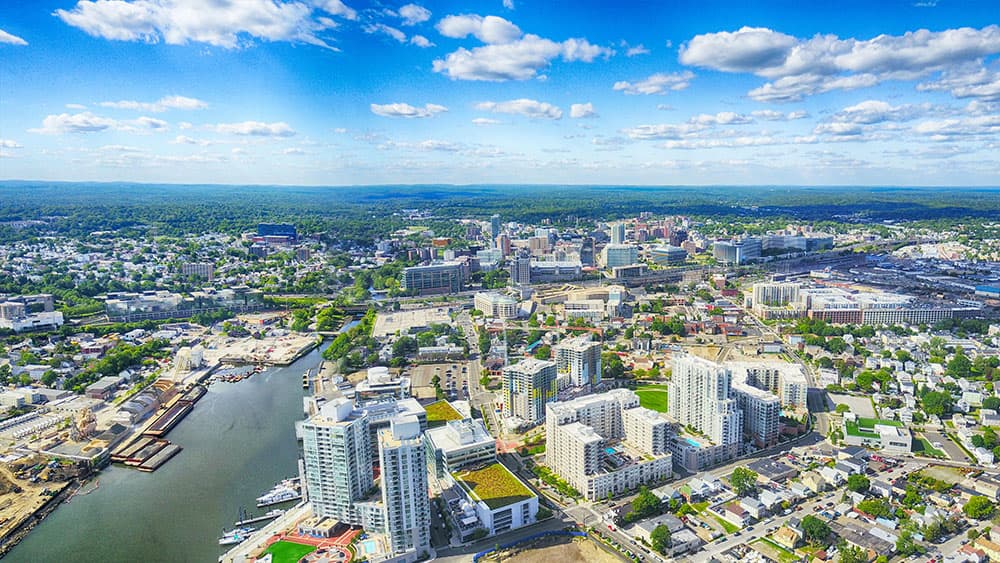 Aerial view of downtown Stamford waterfront
